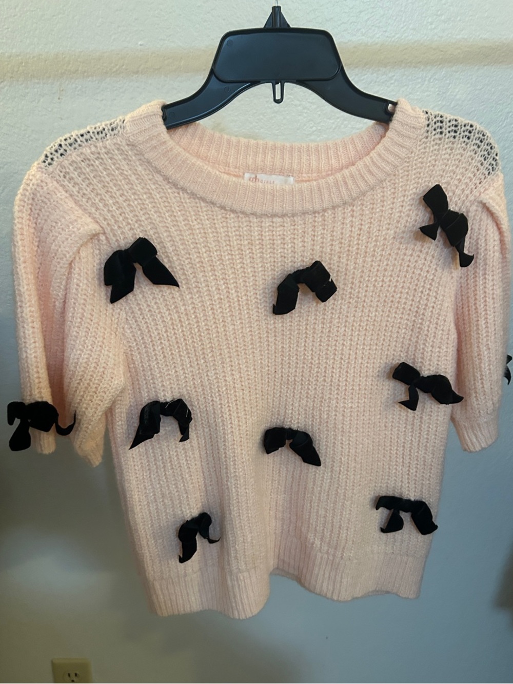 GB girls Light Pink Short-Sleeve Knit Sweater with Black Bow Appliques